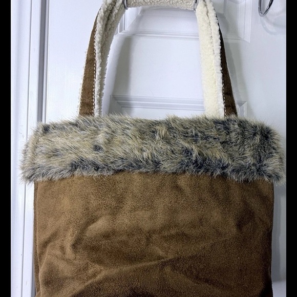 Bath & Body Works VTG Y2K Vegan Suede Faux Fur Tote Travel Winter Brown Bag - Picture 5 of 11